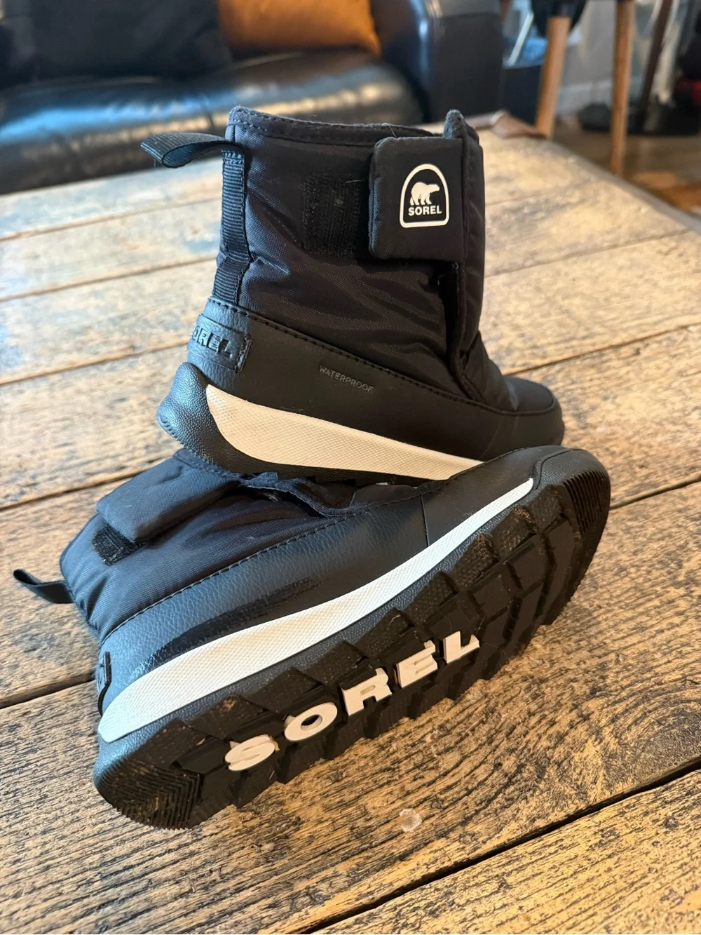 Worn twice! Unisex Sorel Kids Black and White Waterproof Winter Boots